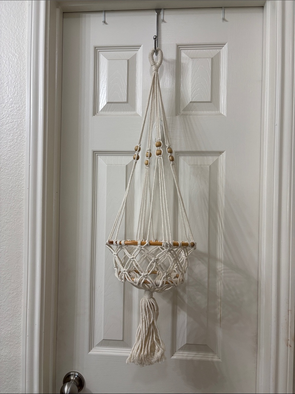 Cream Macrame Hanging Plant Holder with Wooden Beads
